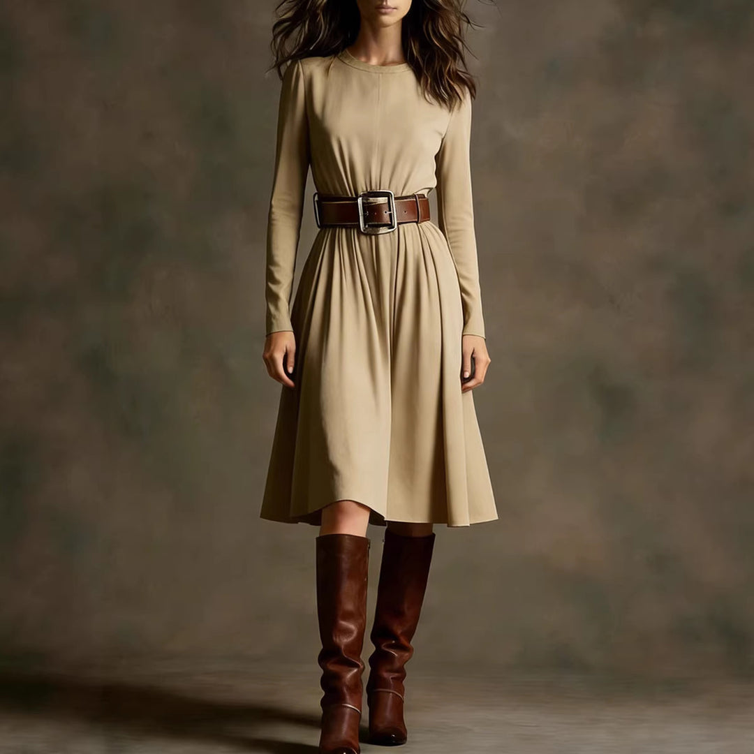 Women Elegant Dress with Long Sleeve and Waist Belt Chic & Stil
