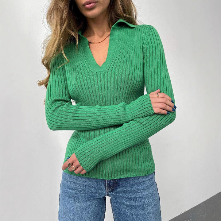 Ladies Elegant Ribbed Sweater with Deep V Neck Lune London