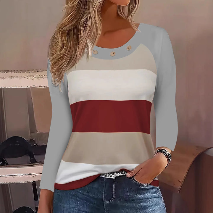 Long sleeve t-shirt for women with a trendy striped pattern and decorative buttons Lune London