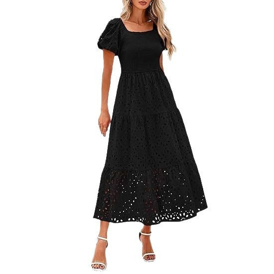 Maxi dress for women with decorative cut-out pattern and puff sleeves Lune London