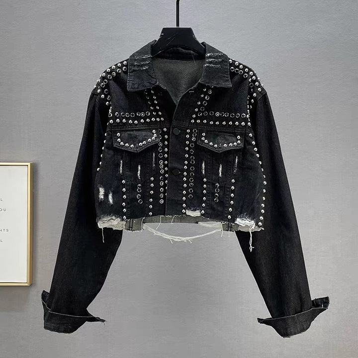 Veste en jean de créateur pour femmes avec clous et franges Chic & Stil
