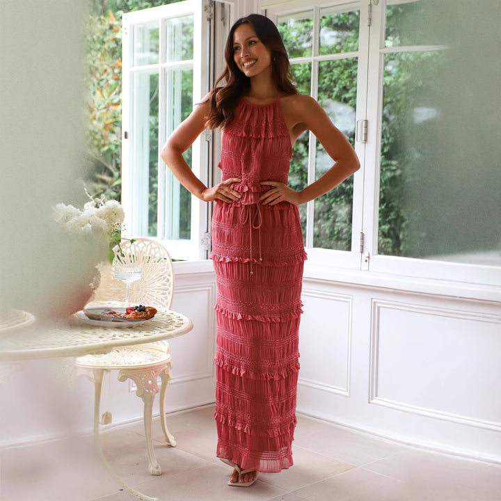 Women Two-Piece Set with Gathered Top and Maxi Skirt