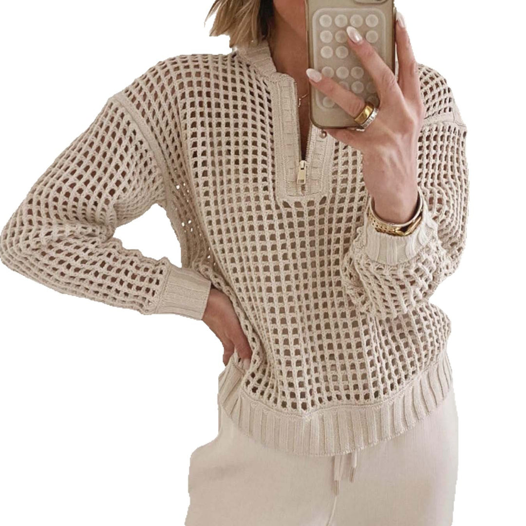Casual knitted sweater for women with zipper and airy mesh structure Lune London