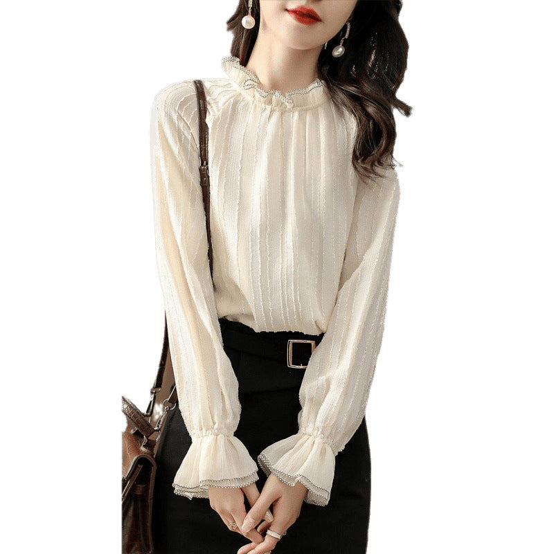 Ruffled high neck blouse for women with sheer sleeve details Lune London