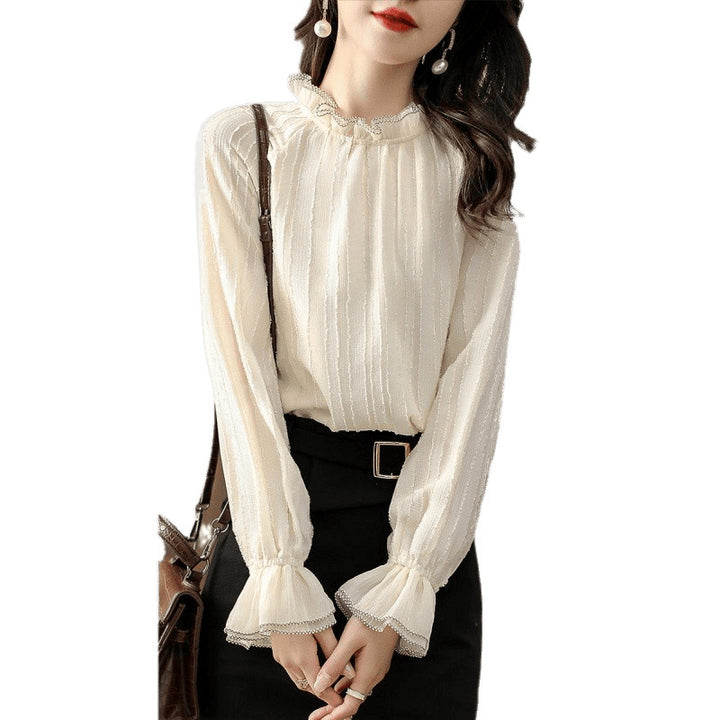 Ruffled high neck blouse for women with sheer sleeve details Lune London