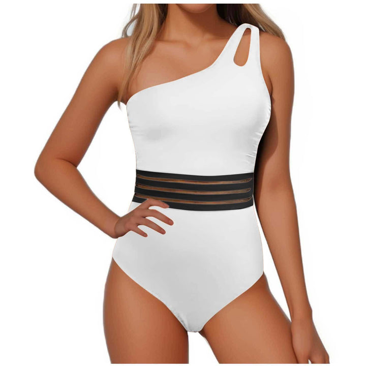 Women's one-piece swimsuit with asymmetrical neckline and fashionable mesh trim Lune London