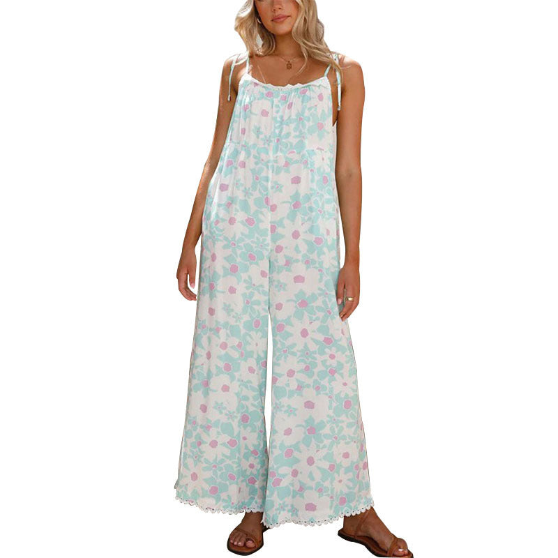 Ladies lightweight jumpsuit with spaghetti straps and ruffled hem Lune London