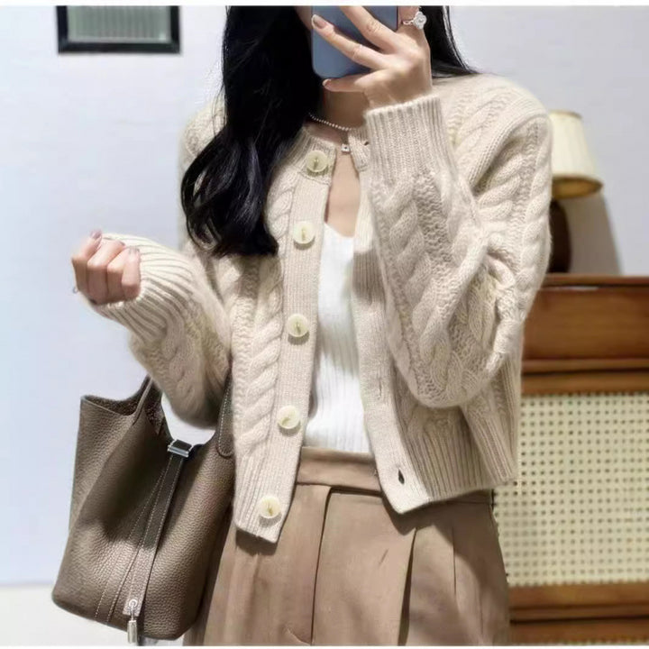 Ladies thick knit cardigan with decorative buttons and special braids pattern Lune London