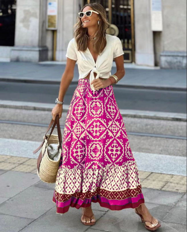 Maxi skirt for women with playful ethnic design and voluminous hem Lune London