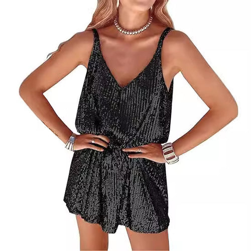 Women's Shimmering Jumpsuit with Deep V-Neck and Elastic Waist Lune London