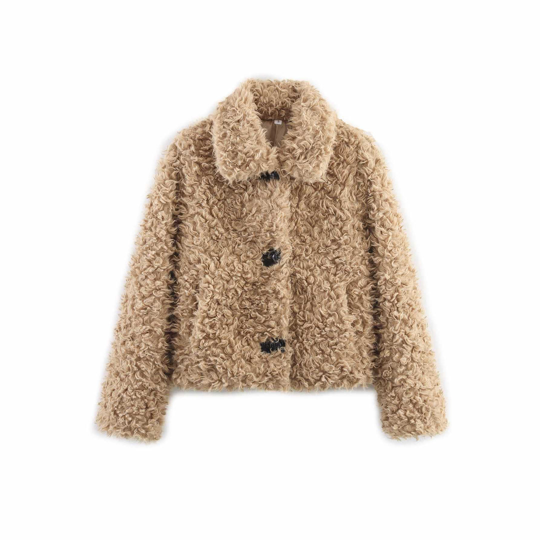 Ladies faux fur jacket with a casual design featuring large buttons Lune London