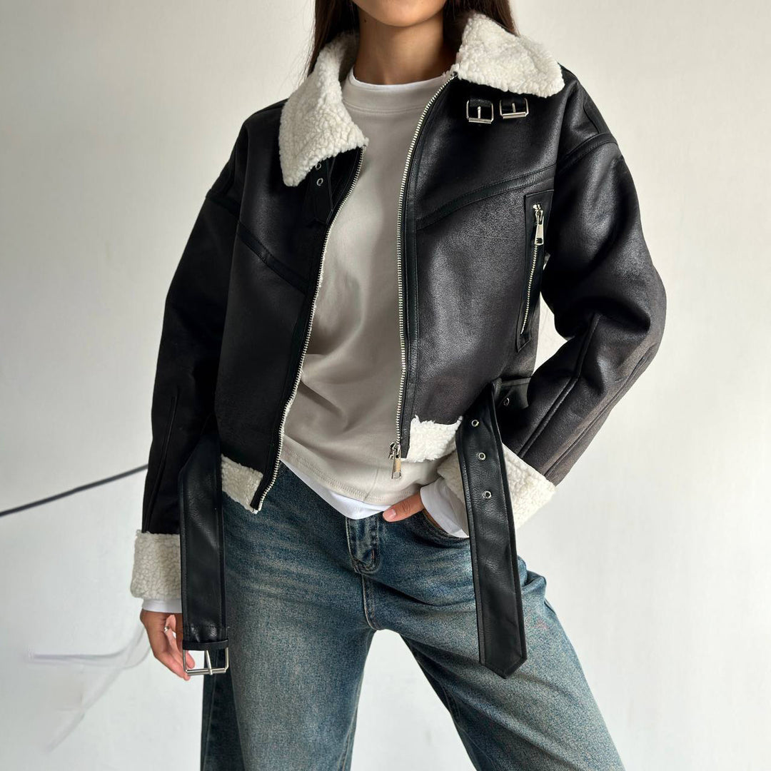 Faux leather jacket for women with high-quality fleece lining and sculpting belt Lune London