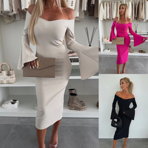 Lune London V-neck midi dress for women with flared sleeves