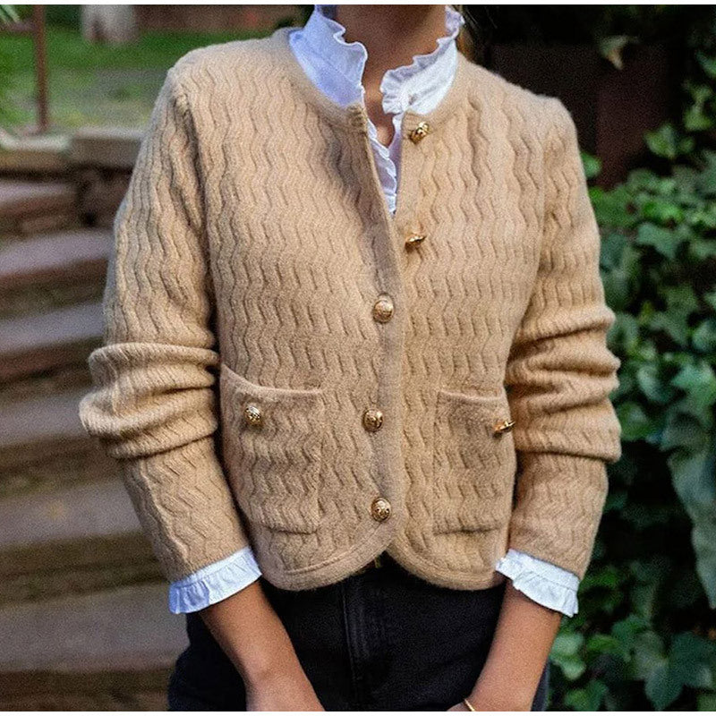 Ladies cardigan with structured check pattern and decorative buttons Lune London