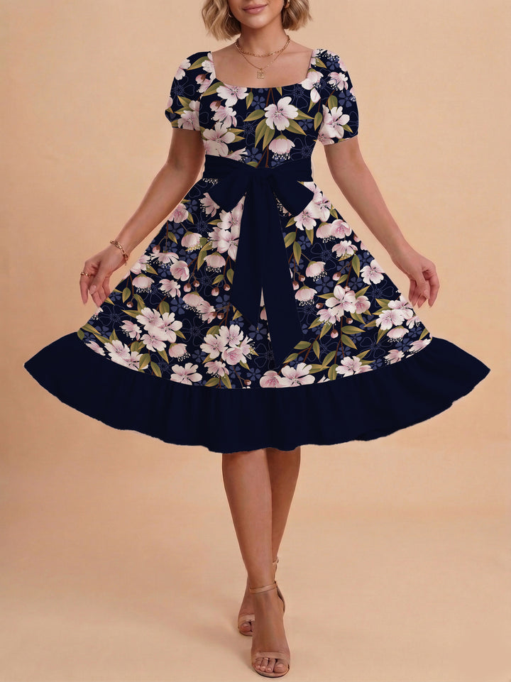 Women's floral dress with adjustable belt and voluminous sleeves Lune London