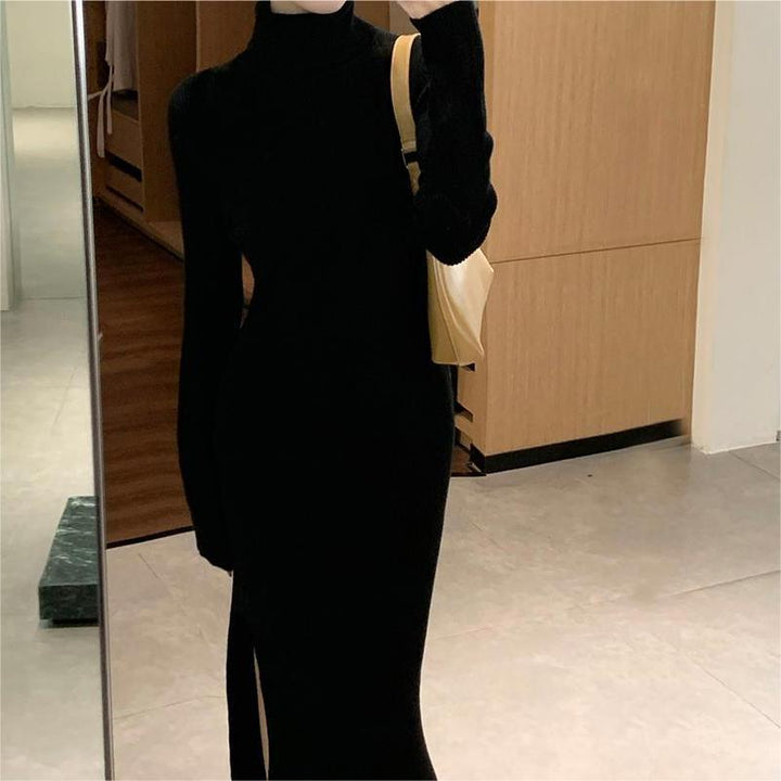 Robe tricotée élégante pour femmes avec col haut et fente latérale Chic & Stil