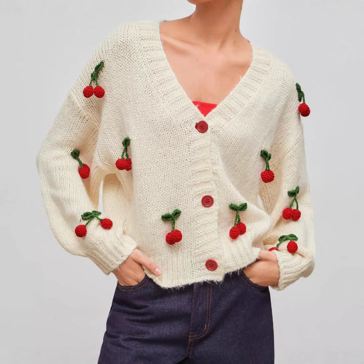 Lune London | Women's playful knitted cardigan with cherry appliqués