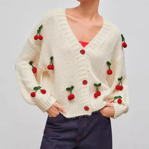 Lune London | Women's playful knitted cardigan with cherry appliqués