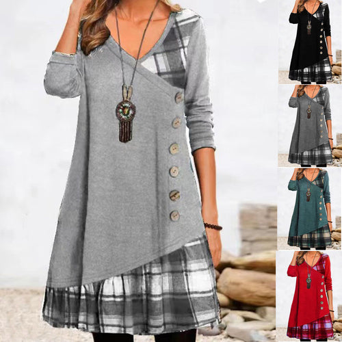 Asymmetrical casual dress for women with checkered hem and button detail Lune London