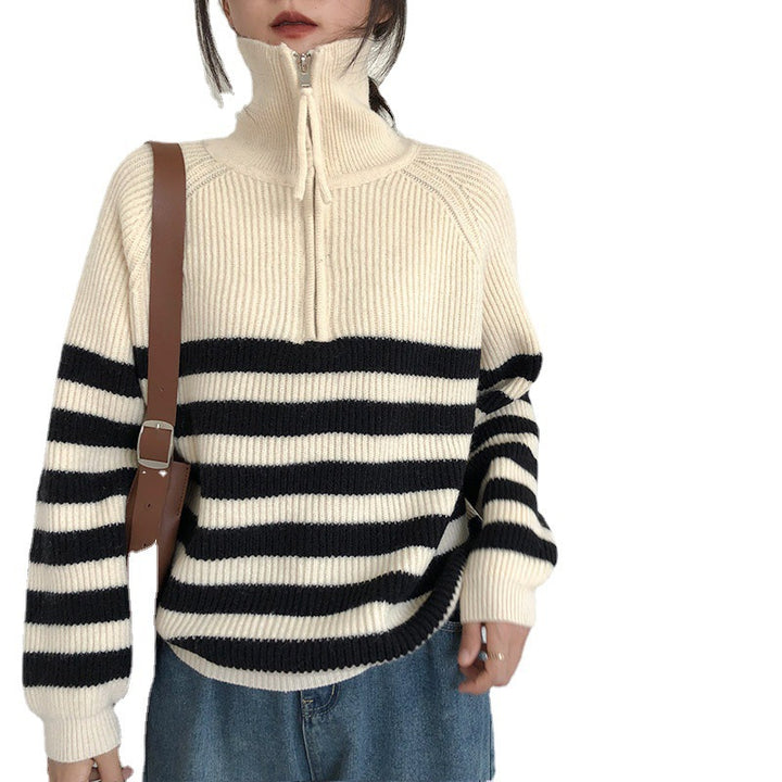 Women's striped sweater with mid-length zip and casual fit Lune London
