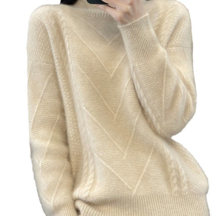 Ladies chunky knit sweater with innovative braid pattern and high turtleneck Lune London