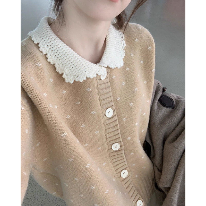 Knitted jacket for women with ruffled collar and button details Lune London