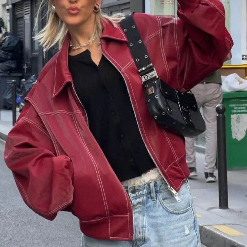 Faux leather jacket for women with elastic cuffs and a high collar Lune London