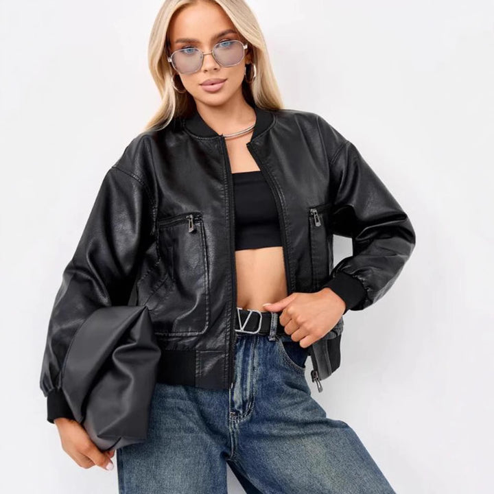 Trendy women's motorcycle jacket with textured design and practical pockets Lune London