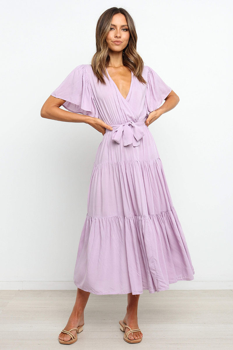 Lune London Fluid maxi dress for women with tie-up belt and butterfly sleeves