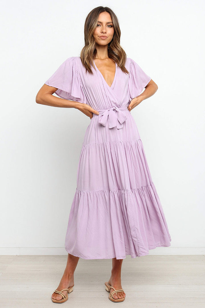 Lune London Fluid maxi dress for women with tie-up belt and butterfly sleeves
