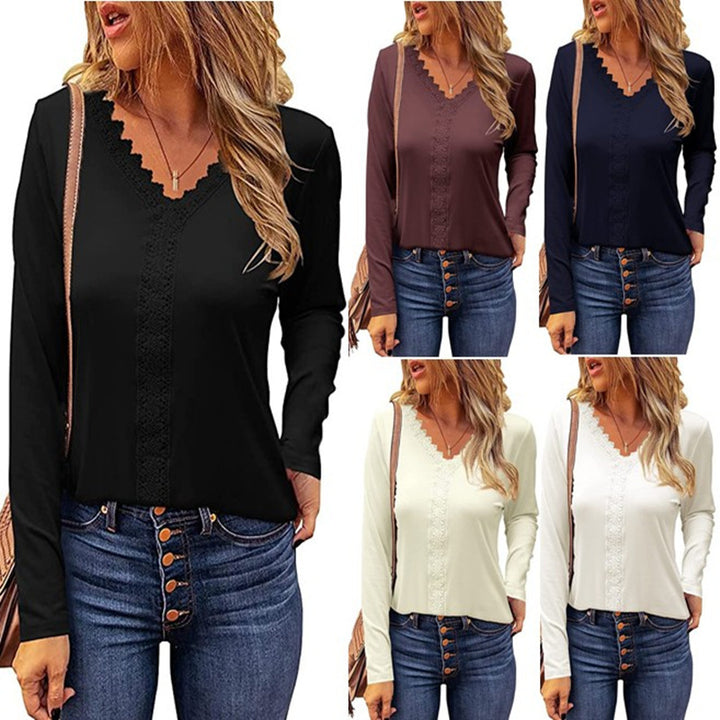 Ladies elegant long sleeve V-neck T-shirt with lace trim Lune London