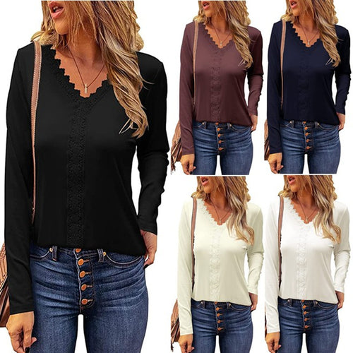 Ladies elegant long sleeve V-neck T-shirt with lace trim Lune London