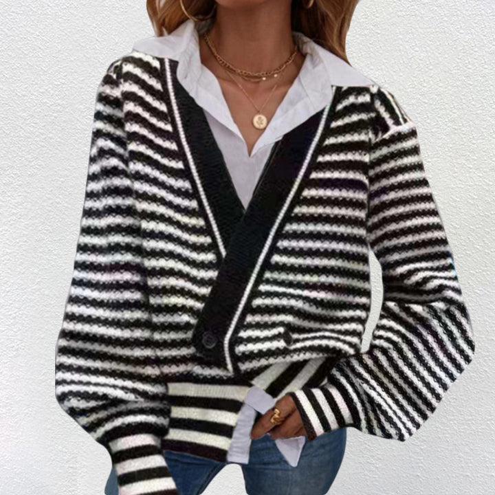 Ladies Thick Knit Cardigan with V Neck and Chic Modern Stripes
