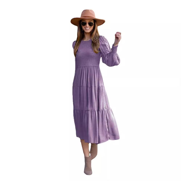Midi dress for women with balloon sleeves and a ruffle detail Lune London