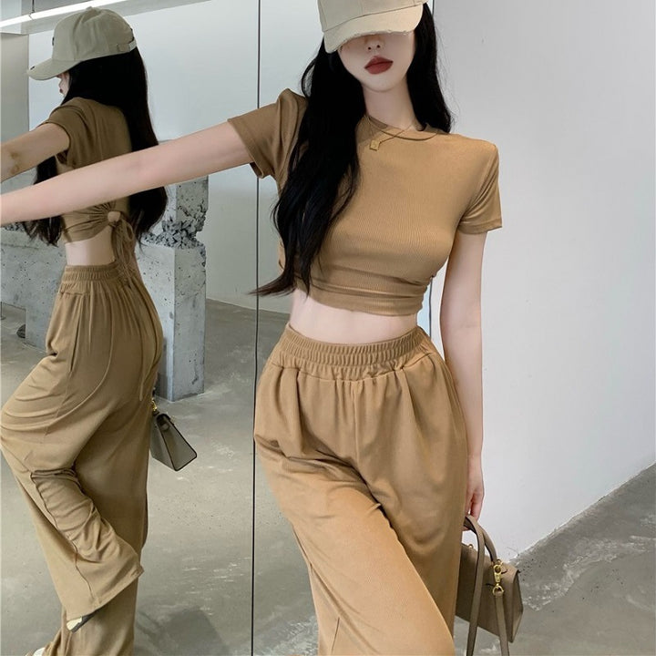 Women's leisure set with short top and flowing pants