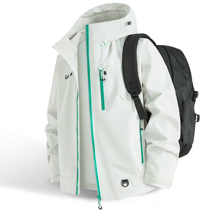 Functional outdoor jacket for men with adjustable hood drawstring and practical zip pockets Lune London