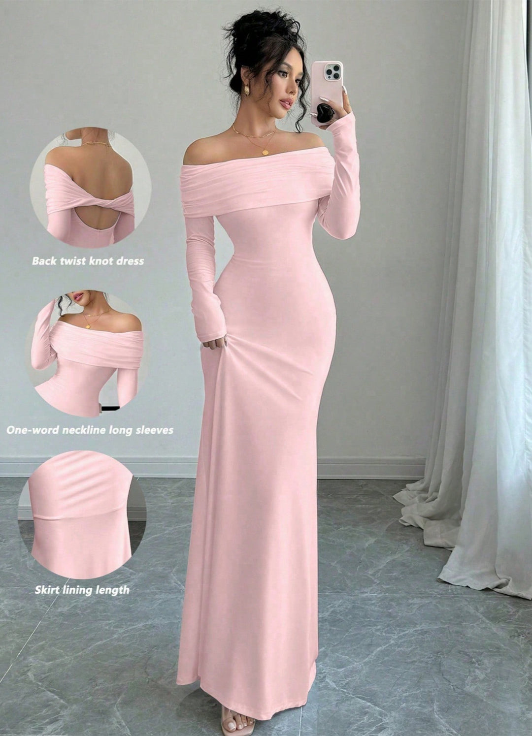 Elegant and fitted maxi dress with off-the-shoulder for women with long sleeves Lune London