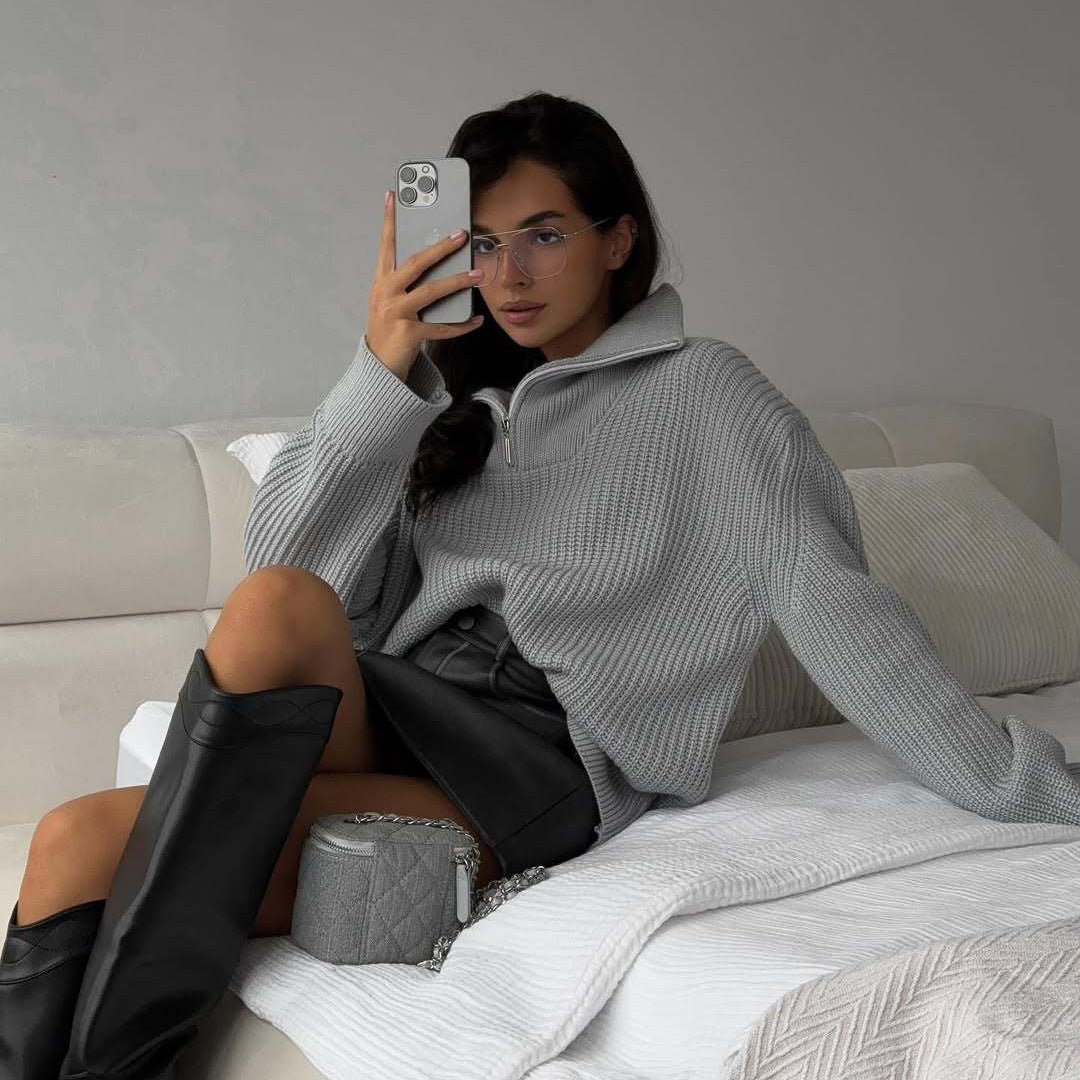 Oversized knit sweater for women with high collar and zipper Lune London