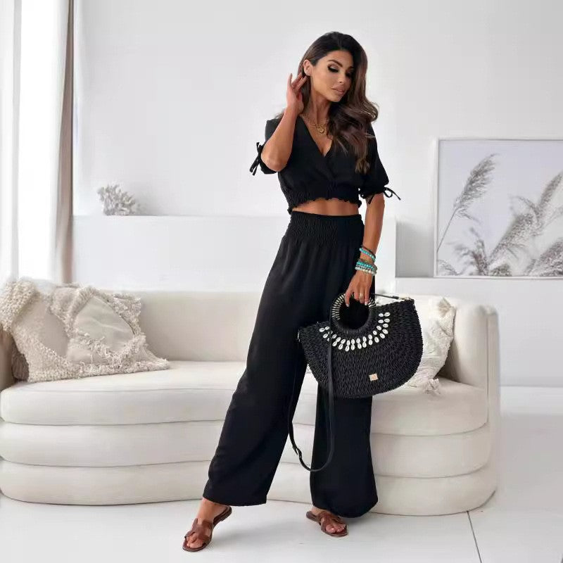 Lune London women's cropped smocking top set and wide pants