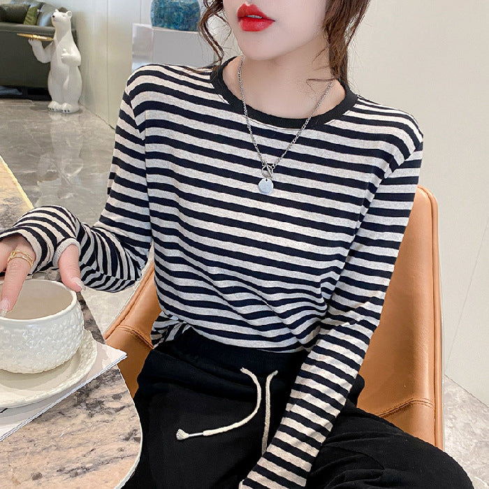 Women Long Sleeve Shirt with Maritime Striped Pattern Chic & Stil