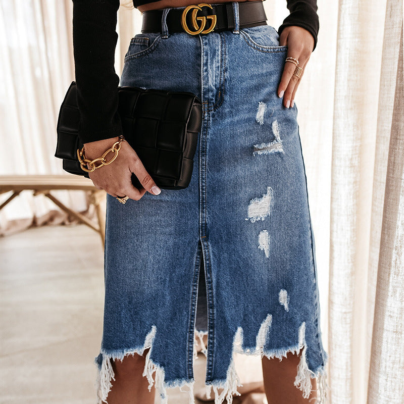Lune London destroyed denim midi skirt for women with fringes