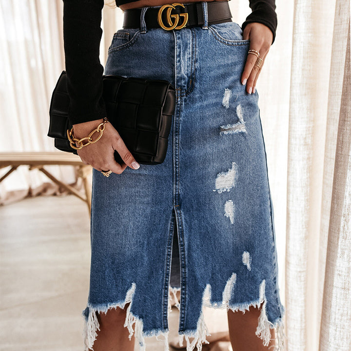 Lune London destroyed denim midi skirt for women with fringes