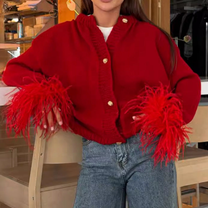 Knitted jacket for women with elegant fringe sleeves and gold buttons Lune London