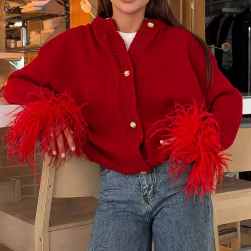 Knitted jacket for women with elegant fringe sleeves and gold buttons Lune London