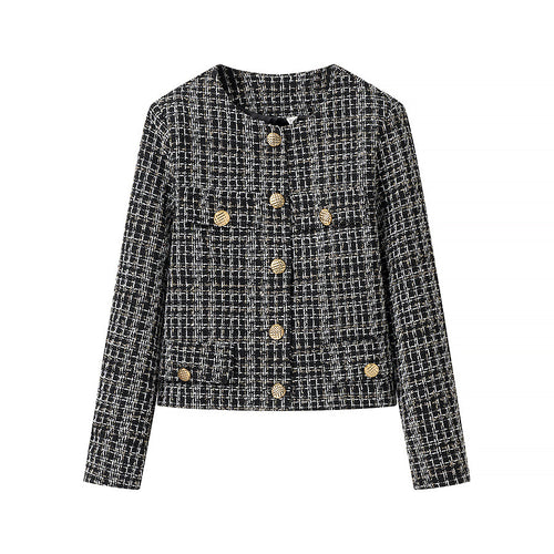 Ladies elegant short jacket in a trendy tweed style with gold button details Lune London
