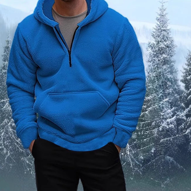 Men's Cozy Fleece Hooded Sweatshirt with Mid-Length Zip Lune London