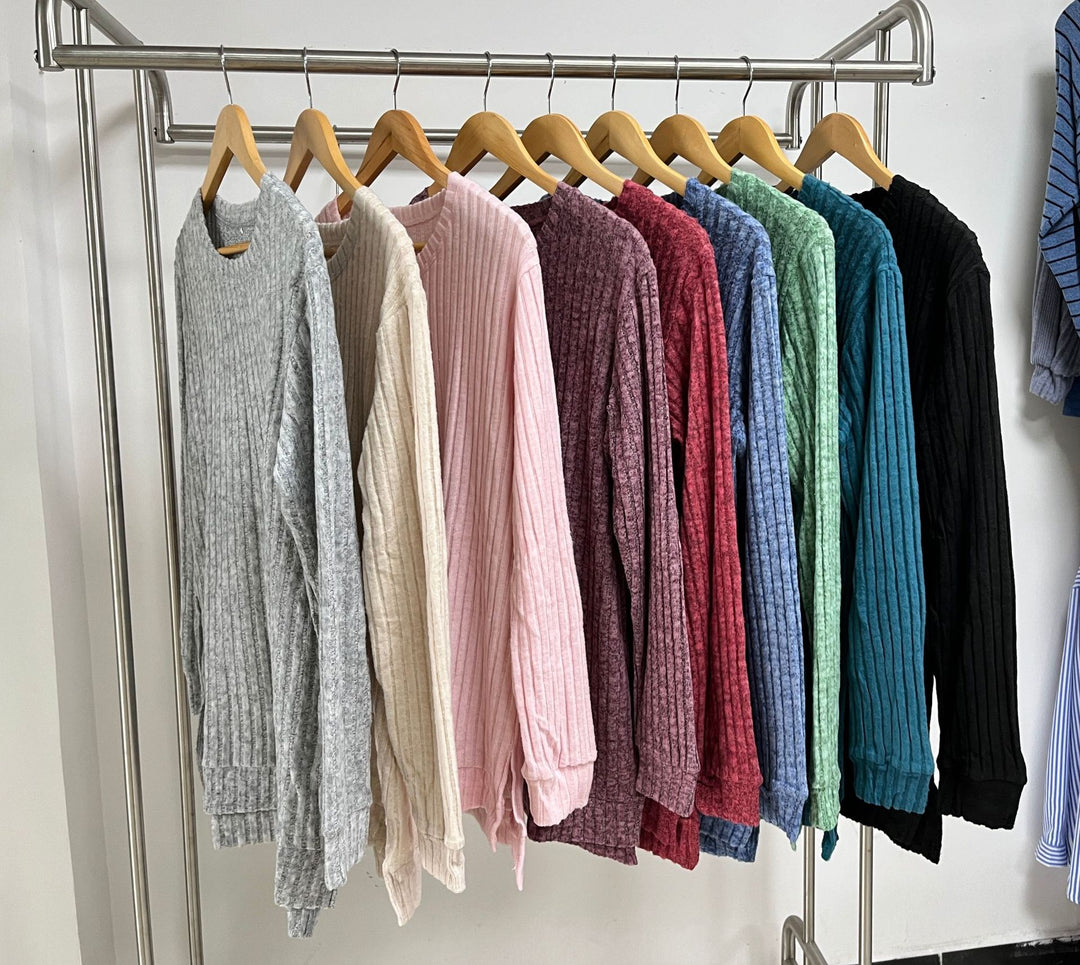 Lune London Ribbed Velvet Long Sleeve Casual T-Shirt for Women