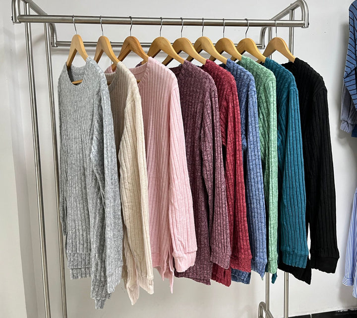 Lune London Ribbed Velvet Long Sleeve Casual T-Shirt for Women