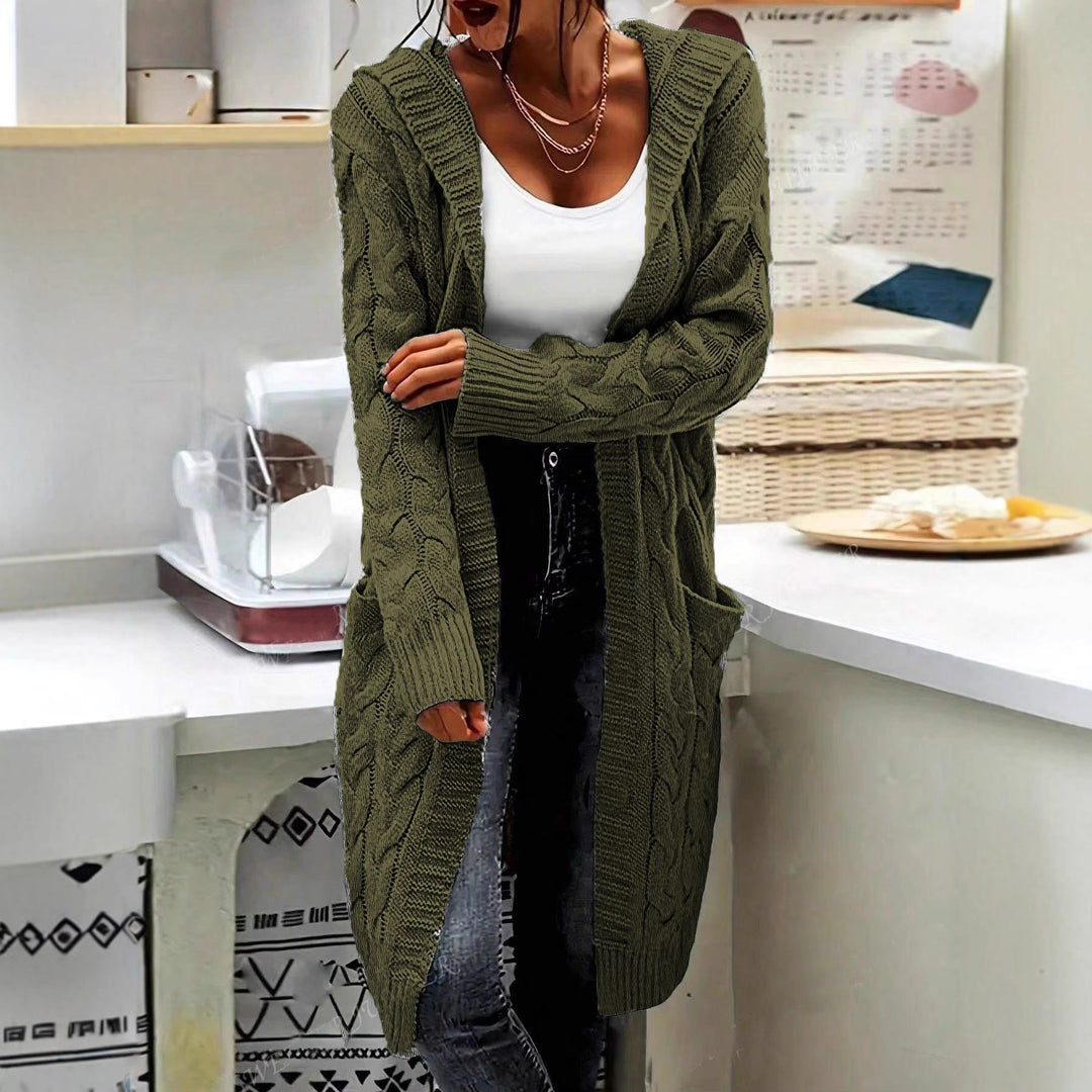 Ladies chunky knit cardigan with side pockets and structured cable design Lune London