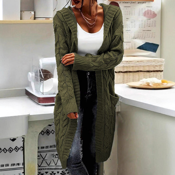 Ladies chunky knit cardigan with side pockets and structured cable design Lune London